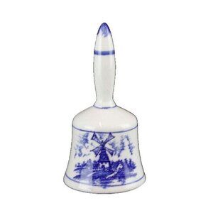 Delft? 4.75" x 2" White Blue Crackle Glaze Windmill Floral Themed Bell G55022